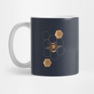 Gold Honey bee with hexagon on navy Mug